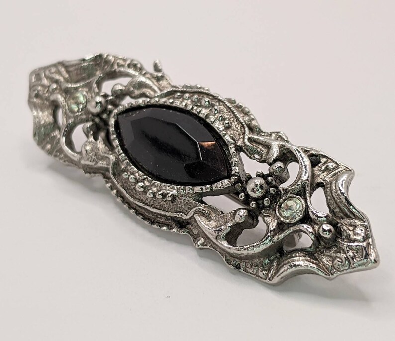 Vintage Victorian Inspired Silver Tone Rhinestone Black Stone Bar Brooch Pin