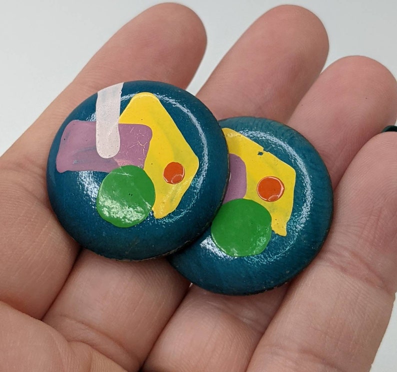 Vintage 1980/'s Teal Yellow Purple Green White Abstract Pop Art Painted Wood Earrings