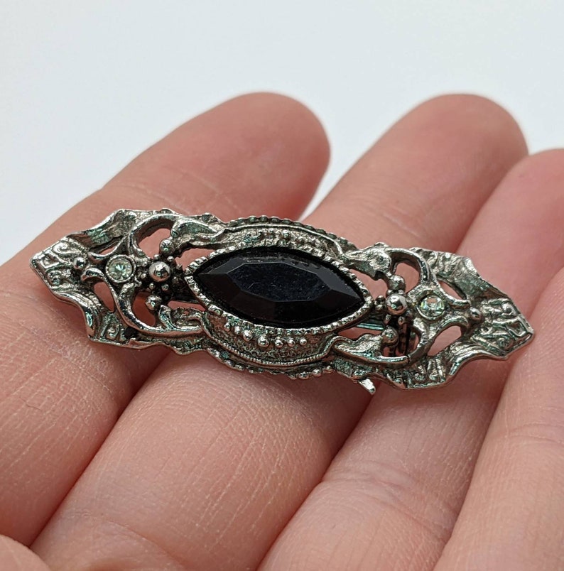 Vintage Victorian Inspired Silver Tone Rhinestone Black Stone Bar Brooch Pin