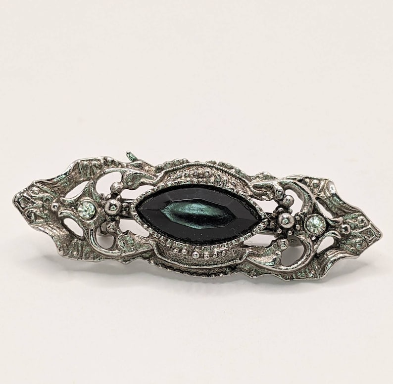 Vintage Victorian Inspired Silver Tone Rhinestone Black Stone Bar Brooch Pin