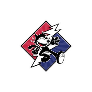 May include: A black and white cartoon cat with a lightning bolt design in a red and blue diamond shape. The cat is smiling and has one eye closed.