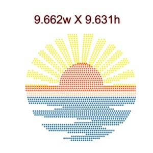 Puede incluir: Diseño gráfico de una puesta de sol sobre el océano, compuesto por pequeños puntos. El sol es amarillo y naranja, el cielo es melocotón y el océano es azul. El texto "9.662w X 9.631h" está en la parte superior.