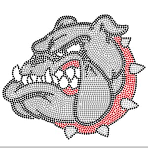 May include: A gray and red rhinestone bulldog mascot design with a spiked collar.