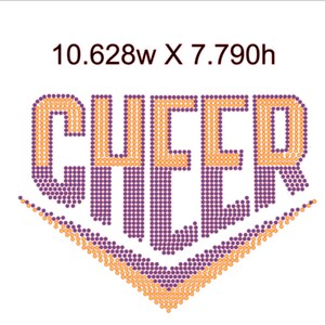May include: A rhinestone transfer design featuring the word CHEER in a block font, with the top half of the letters in orange and the bottom half in purple. A V-shaped chevron pattern sits below the text. The dimensions are 10.628w x 7.790h inches.