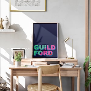Guildford Typographic Print – Colourful Modern Wall Art, Personalised Surrey Poster, Available Framed or Unframed (A5, A4, A3)