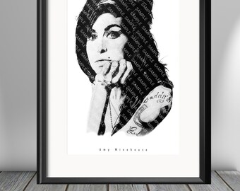 May include: Black and white portrait of Amy Winehouse, a singer, with a tattoo that says "Daddy's Girl" on her arm. The image is made up of the word "sample" repeated many times.