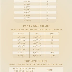 May include: A size chart for women's clothing, showing measurements for under the bust, waist, and hips, as well as corresponding sizes for tops, panties, and skirts. The chart includes sizes from XS to XXXL.