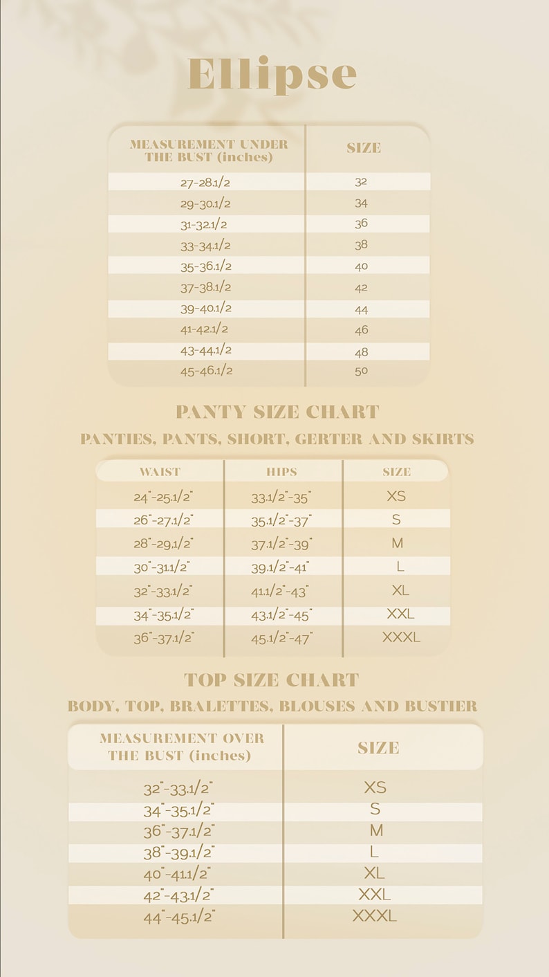 May include: A size chart for women's clothing, showing measurements for under the bust, waist, and hips, as well as corresponding sizes for tops, panties, and skirts. The chart includes sizes from XS to XXXL.