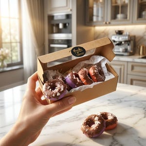 Op de afbeelding: Een rechthoekige bruine kartonnen doos met verschillende kleine donuts met chocoladeglazuur en witte spikkels. Een zwarte sticker op de klep van de doos bevat de tekst "thank you". Twee extra donuts met chocoladeglazuur liggen op het oppervlak.