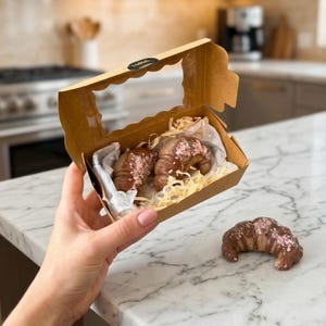 Op de afbeelding: Een bruine kartonnen doos met een doorzichtig venster bevat twee met chocolade bedekte halvemaanvormige gebakjes met roze spikkels, liggend op wit papier en houtkrullen, met een derde identiek gebakje op het oppervlak ernaast.
