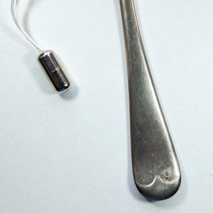 May include: A silver shoehorn with a white string attached to a silver loop at the top. The shoehorn is shaped like a long, thin spoon.