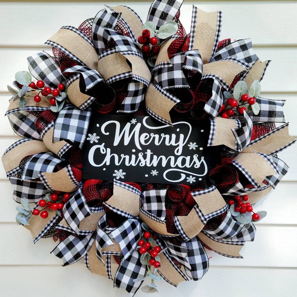 Merry Christmas Wreath, Buffalo Check Wreath, Front Door Wreath