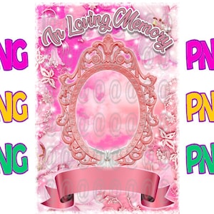 Puede incluir: Gráfico digital rosa y blanco con un marco decorativo adornado y una pancarta de cinta. El texto "In Loving Memory" está escrito en una fuente cursiva.