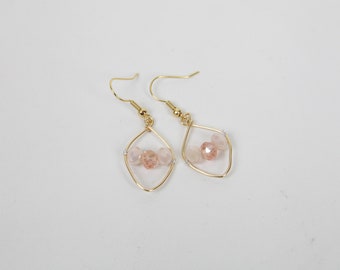Blush and Gold Minimal dangle, pink beaded earrings, party, evening out