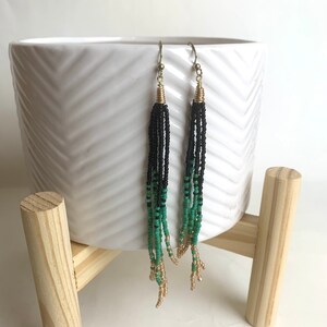 Long beaded fringe earrings/jade/black/gold/turquoise/ light weight earrings/ boho