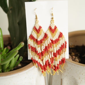 Red fringe earrings, beaded fringe red and gold, Valentine’s Day earrings, gift for her, native beadwork earrings