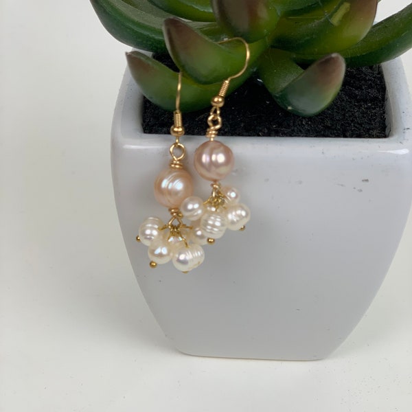 Pink Pearl dangle earrings, pink freshwater pearl, white pearl dangles, Minimalist style earrings, Bridesmaid gift, Wedding pearl earrings