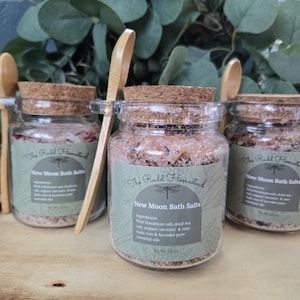 New Moon Bath Salts - Pink Himalayan Salt, Lavender & Rose, Essential Oils - 10 oz Jar