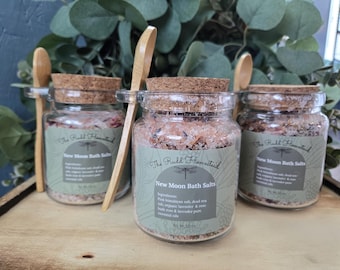New Moon Bath Salts - Pink Himalayan Salt, Lavender & Rose, Essential Oils - 10 oz Jar