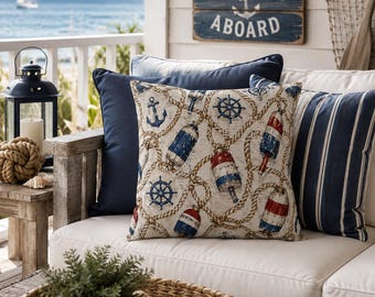 Nautical Outdoor Throw Pillow, Coastal Buoy Patio Pillow, Beach House Outdoor Cushion, Anchor & Ship Wheel Nautical Decor