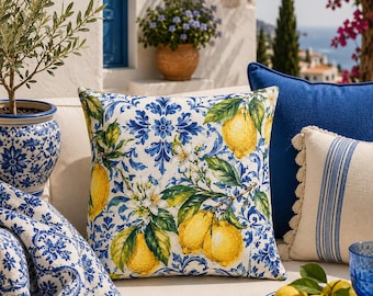 Lemon Tile Pattern Outdoor Pillows | Mediterranean Citrus Throw Pillow | Italian Patio Decor