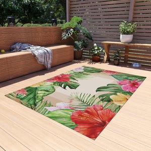 Tapis d'extérieur tropical à motif floral - Idéal pour les patios, les terrasses et les jardins, décoration estivale, tapis de maison de plage, décoration de pool house, tapis hibiscus
