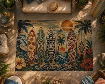 Vintage Surfboard Outdoor Rug, Retro Tropical Patio Rug, Tiki Bar Decor, Hawaiian Outdoor Carpet, Coastal Poolside Rug, Beach House Decor