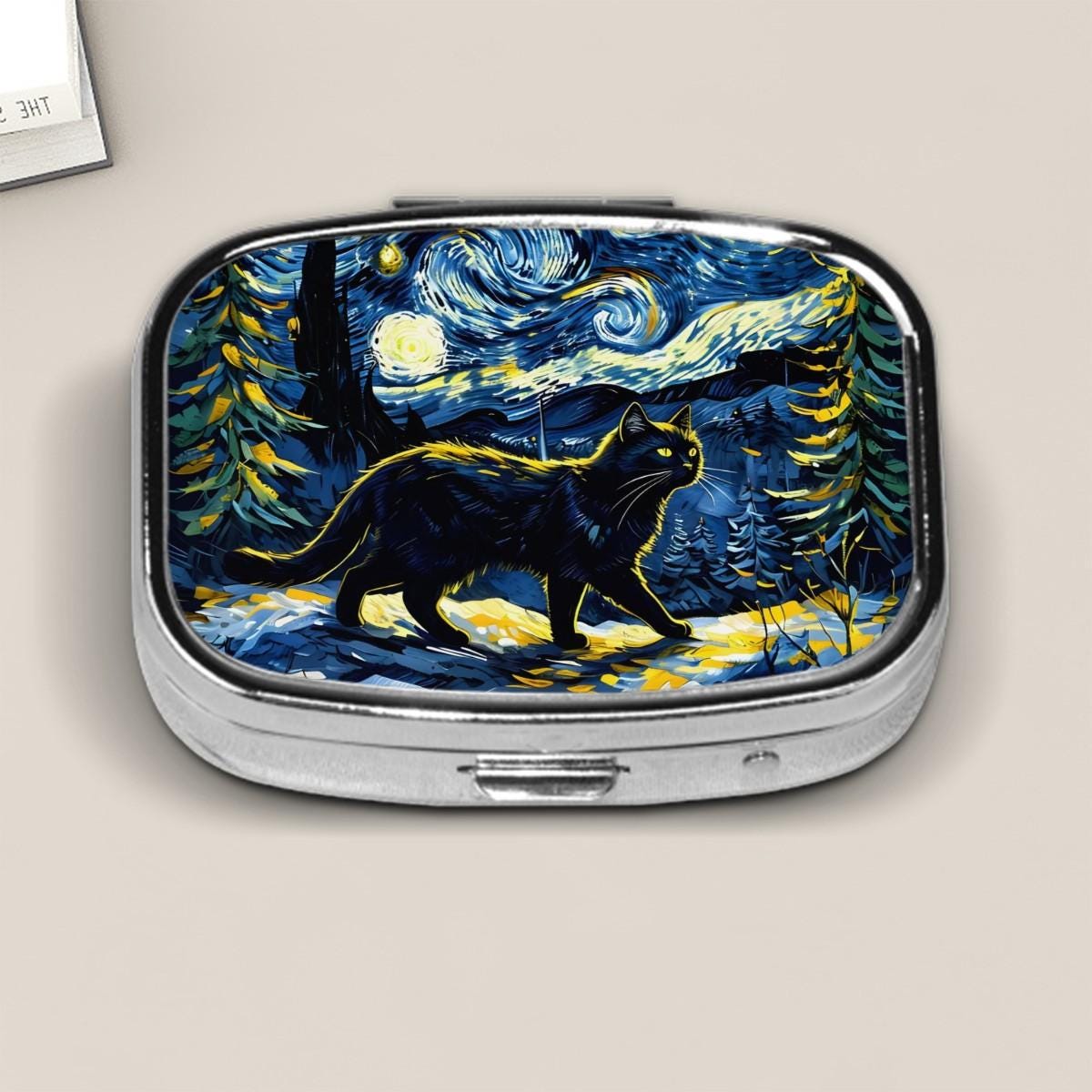 Black Cat Pill Box: Art Nouveau Metal Pill Organizer
