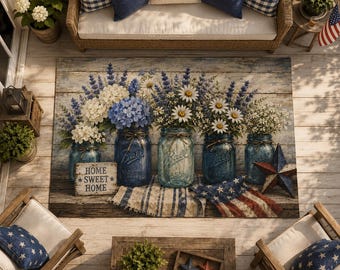 Americana Patriotic Outdoor Rug, Rustic Farmhouse Patio Rug, Mason Jar Floral Porch Rug, Red White Blue Deck Rug, Fourth of July Decor