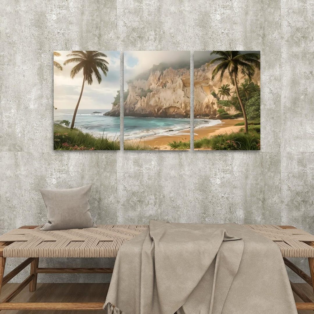 Tropical Beach 3 Panel Canvas Print Wall Art, Coastal Ocean Wall Art ...