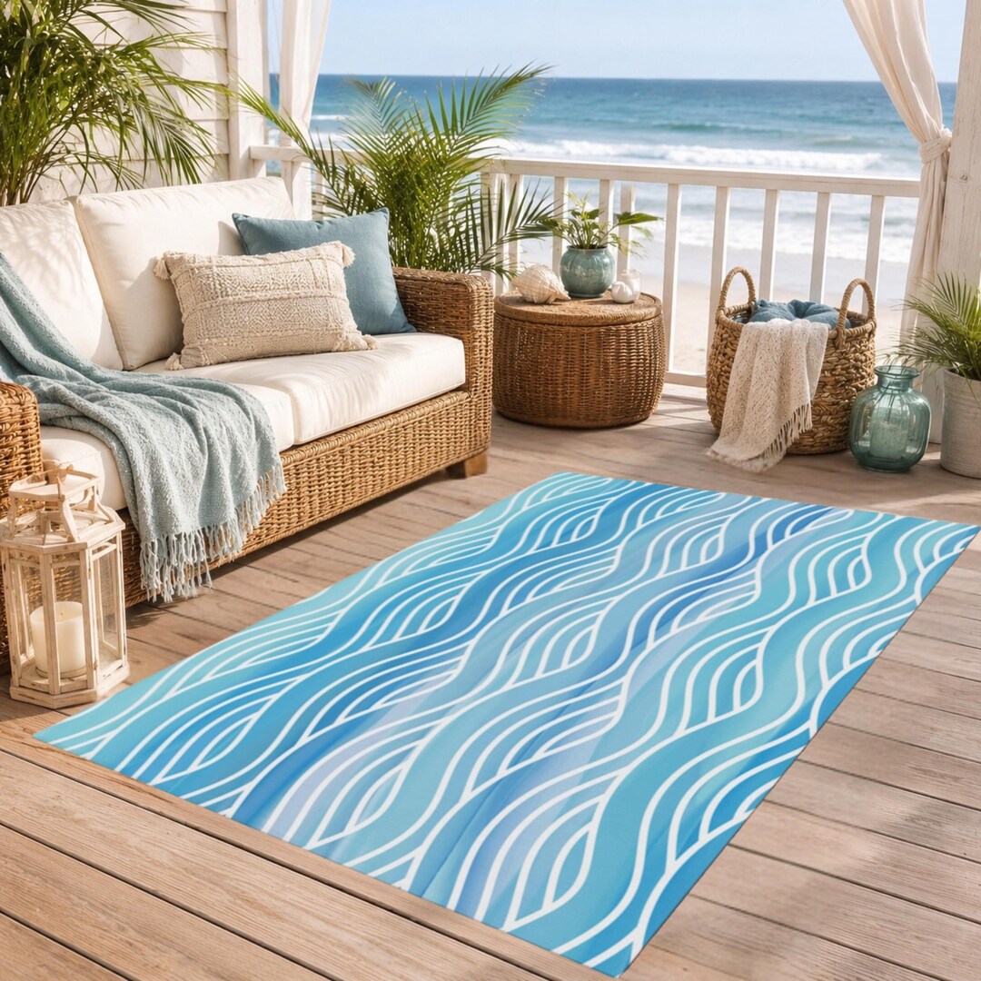 Blue Wave Pattern Outdoor Rug | Coastal Nautical Patio Mat - Etsy