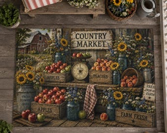 Country Market Outdoor Rug, Rustic Farmhouse Patio Rug, Sunflower Apple Orchard Porch Rug, Country Cottage Deck Rug, Farm Fresh Decor