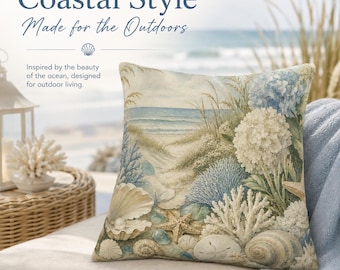 Coastal Beach Path Outdoor Throw Pillow, Beach House Patio Pillow, Hydrangea Coastal Cushion, Nautical Outdoor Decor, Seaside Porch Pillow