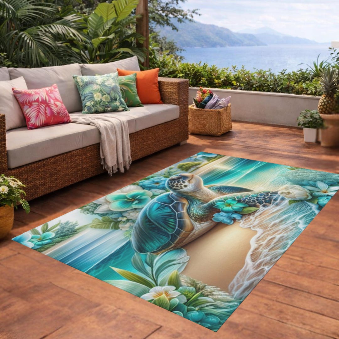 Turtle Outdoor Rug Sea Turtle Beach Scene Outdoor Rug | Coastal Floral Turtle Patio Mat - Etsy