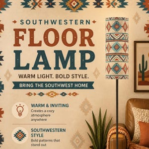 May include: A Southwestern floor lamp with a patterned shade in shades of red, turquoise, and beige. The lamp has a black metal stand and is displayed in a room with Southwestern-themed decor. The text on the image says "Southwestern Floor Lamp".