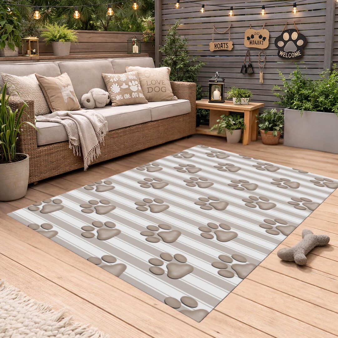 Paw Print Runner Rug Neutral Paw Print Pattern Outdoor Rug | Striped Boho Dog Lover Patio ...