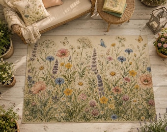 Wildflower Meadow Outdoor Rug | Cottagecore Botanical Floral Garden Accent Patio Rug