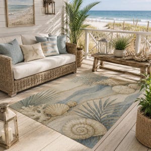 May include: A rectangular area rug featuring a coastal-themed pattern with illustrations of seashells, coral, and palm fronds in shades of beige, tan, and soft blue. The design is printed on a flat-weave surface, covering the floor space.