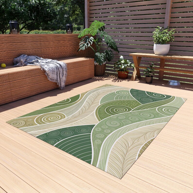 Moss Green and Tan Boho Outdoor Rug | Swirling Wave Pattern, Patio Mat ...