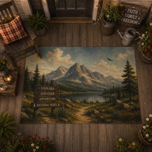May include: A rectangular area rug featuring a landscape print of snow-capped mountains, a lake, and pine trees. A wooden signpost in the foreground displays the text EXPLORE, DISCOVER, ADVENTURE, and NATIONAL PARKS with small tree icons.