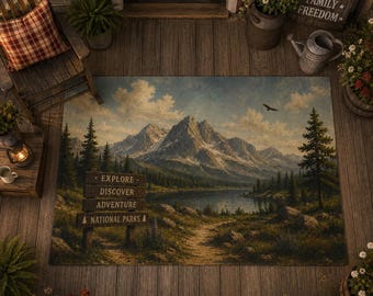 National Park Outdoor Rug, Mountain Lake Patio Rug, Rustic Cabin Porch Rug, Adventure Nature Outdoor Carpet, Hiking Cabin Decor, Lodge Rug