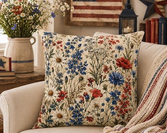 Americana Floral Throw Pillow, Patriotic Wildflower Pillow, Cottagecore Farmhouse Decor, Red White Blue Accent Cushion