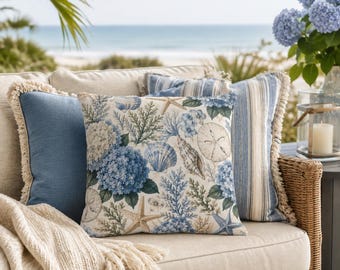 Coastal Outdoor Throw Pillow, Blue Hydrangea & Seashell Patio Pillow, Beach House Outdoor Cushion, Coastal Decor, Waterproof Accent Pillow