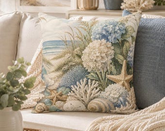 Coastal Hydrangea Beach Shells Pillow | Beach House Throw Pillow