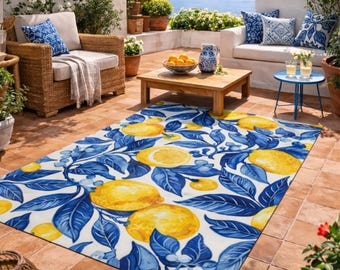 Mediterranean Lemon Pattern Outdoor Rug: Italian Summer Garden Decor