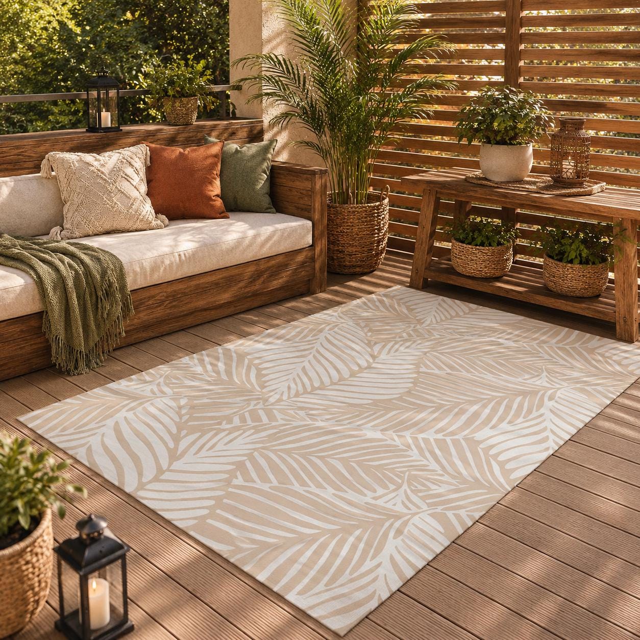 Boho Patio Rug | Neutral Tropical Leaf Pattern Outdoor Mat | Beige ...