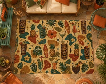 Retro Tiki Outdoor Rug, Mid Century Modern Cocktail Patio Rug, Tropical Tiki Bar Decor, Hawaiian Patio Decor, Poolside Outdoor Area Rug