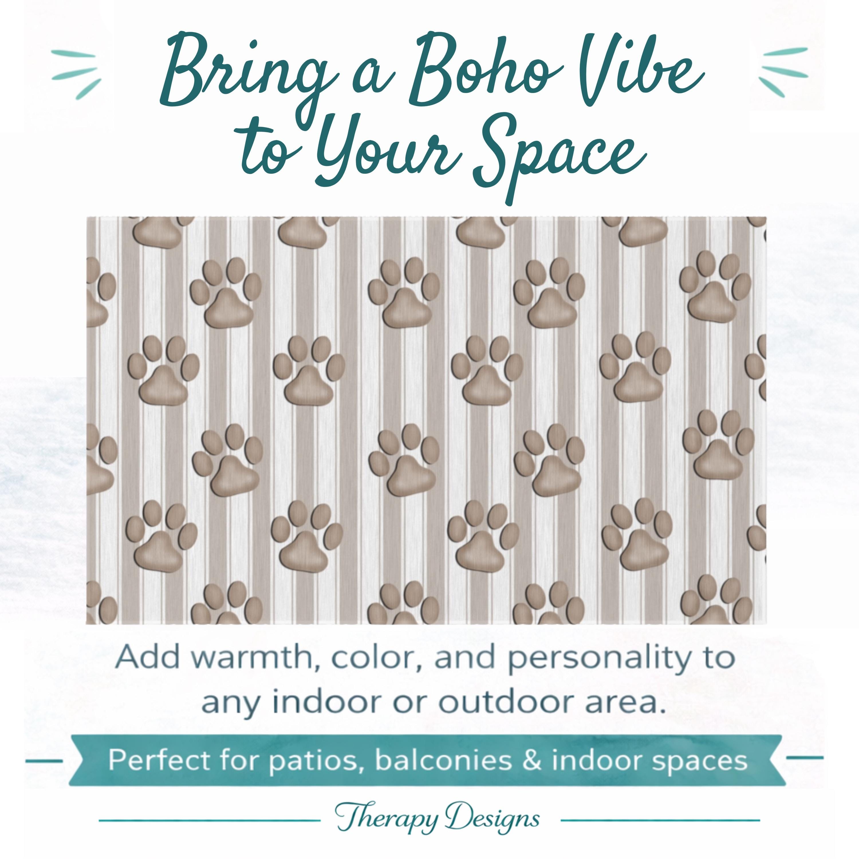 Neutral Paw Print Pattern Outdoor Rug | Striped Boho Dog Lover Patio ...