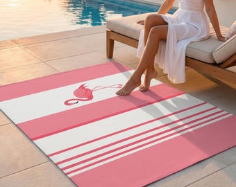Alfombra de exterior con flamenco rosa: decoración tropical para patio y porche.