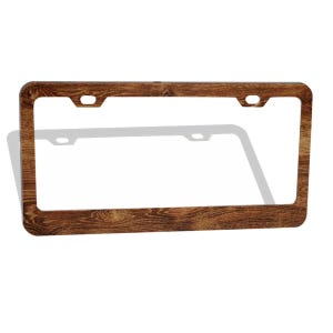 May include: A rectangular license plate frame featuring a brown wood grain pattern. The frame has rounded corners and two mounting holes at the top for attachment. The design displays a realistic wood texture with dark and light brown swirls.